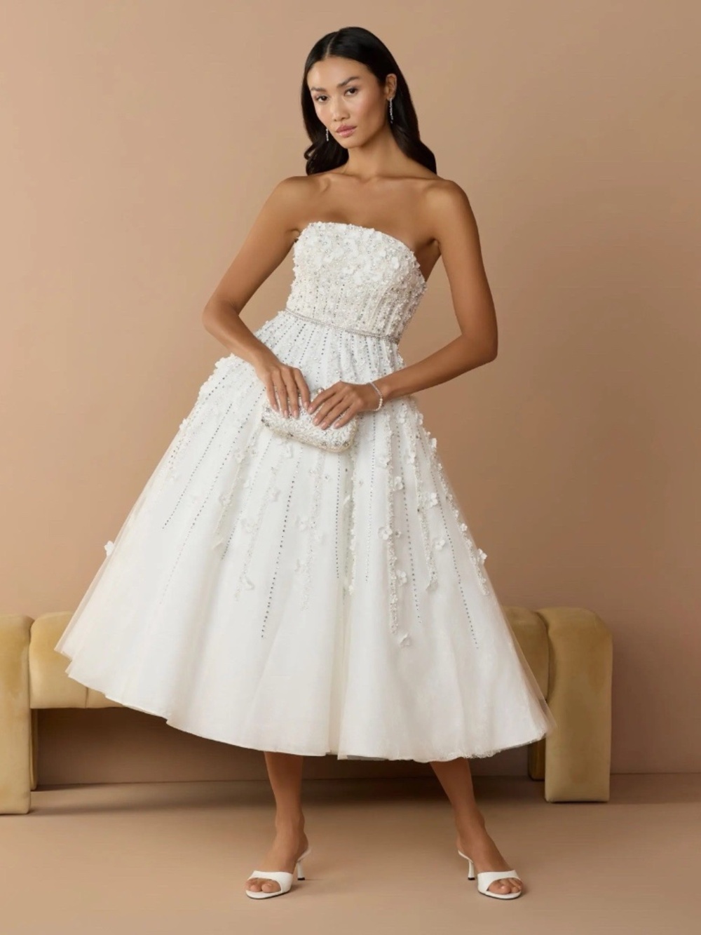 Mac Duggal White Strapless Floral Embellished Midi Dress Size 10 Style 11865